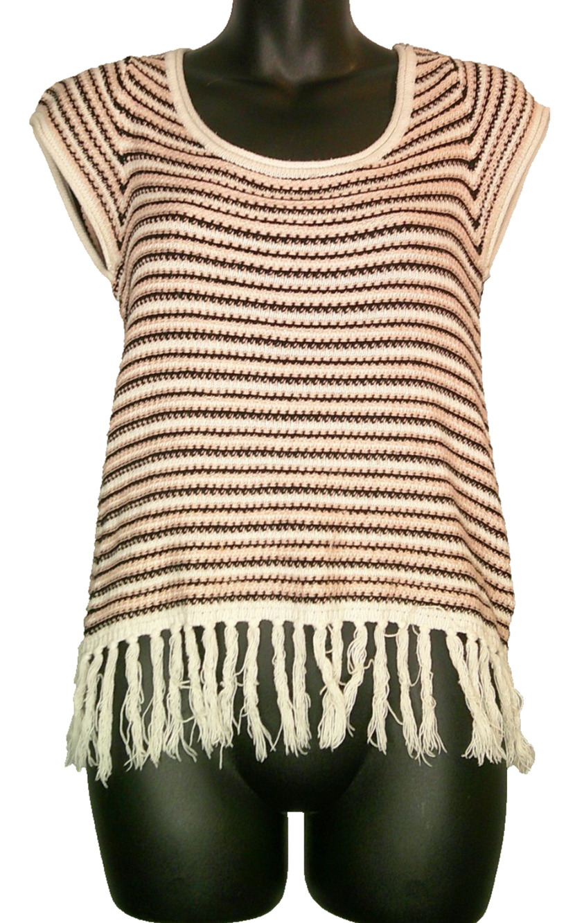 Soho Jeans NY & Co Pink, Black White Striped, Short Sleeve S Knit Sweater Fringe